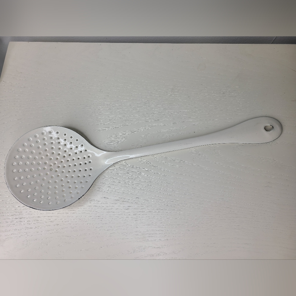 Vintage Enamel Skimmer Spoon Farmhouse White Black Rim Rustic